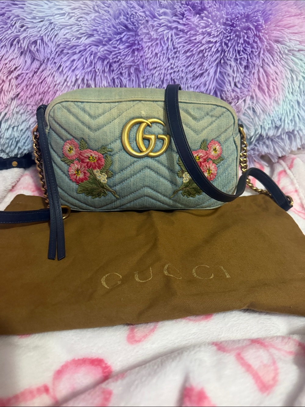 Gucci Light Blue Quilted Denim GG Marmont Crossbody with Pink Floral Embroidery